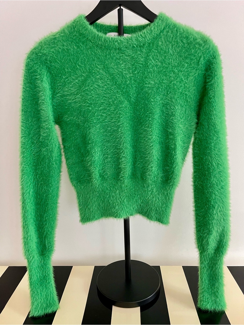 Zara Knit Emerald Green Fuzzy Crewneck Sweater
